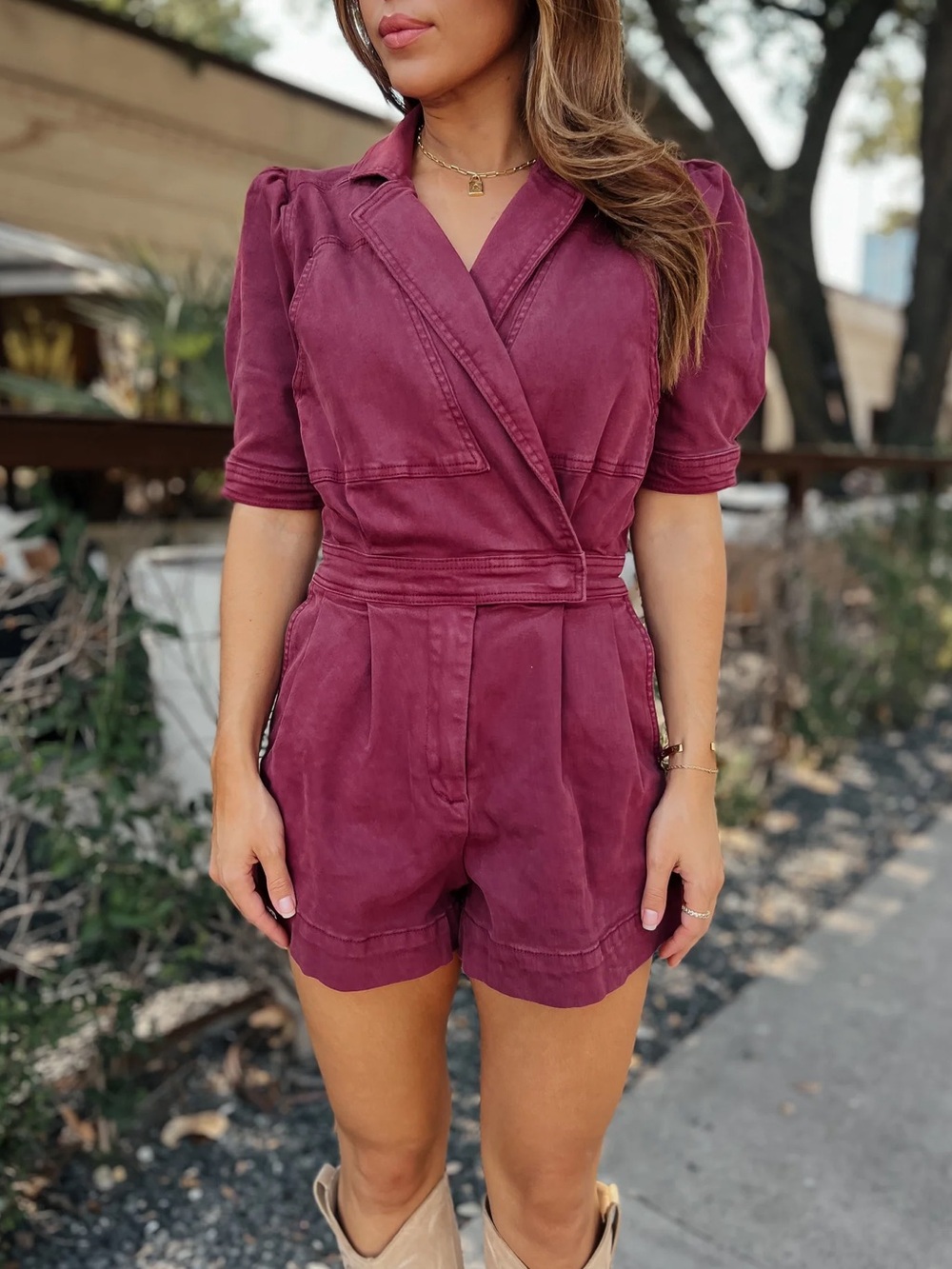Day + Moon Wrap-Front Utility Romper in Burgundy